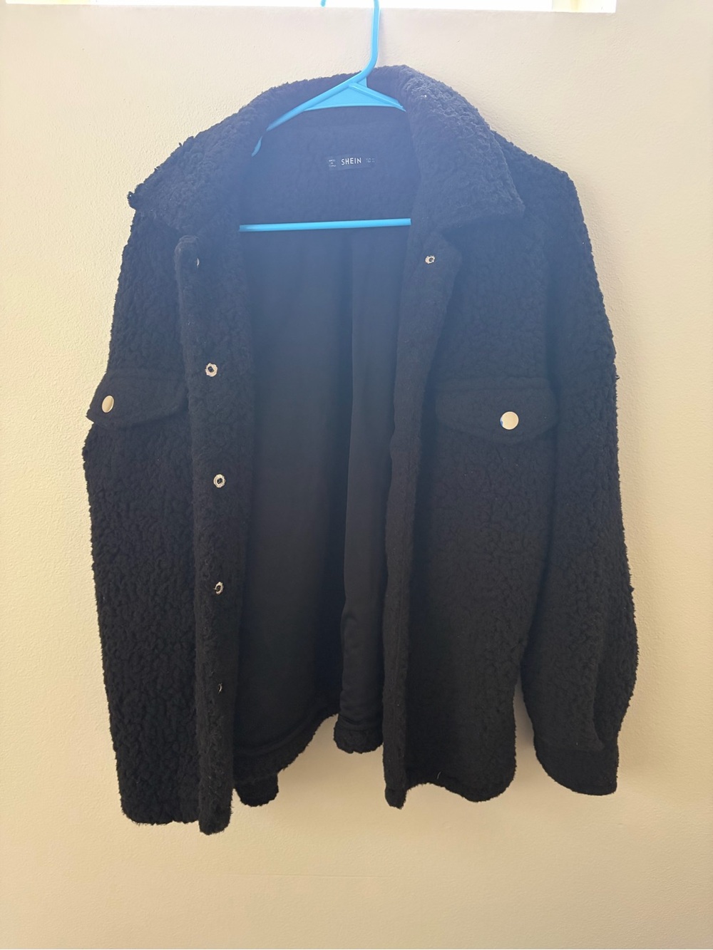 SHEIN Black Teddy Sherpa Button-Up Jacket